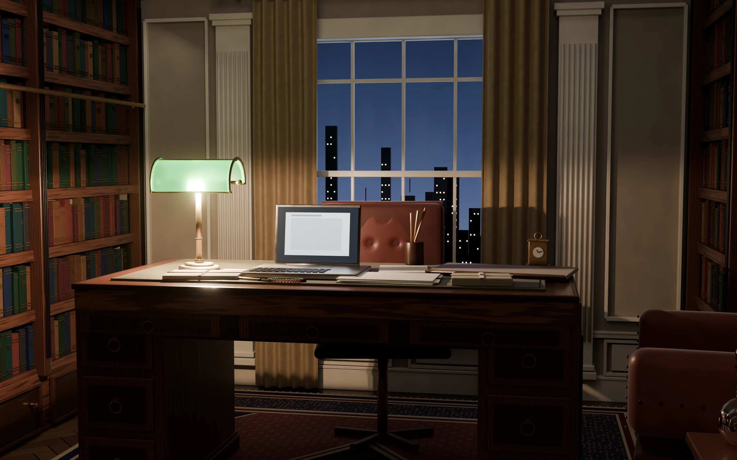 Inside the office: the desk, the lamp and the window.