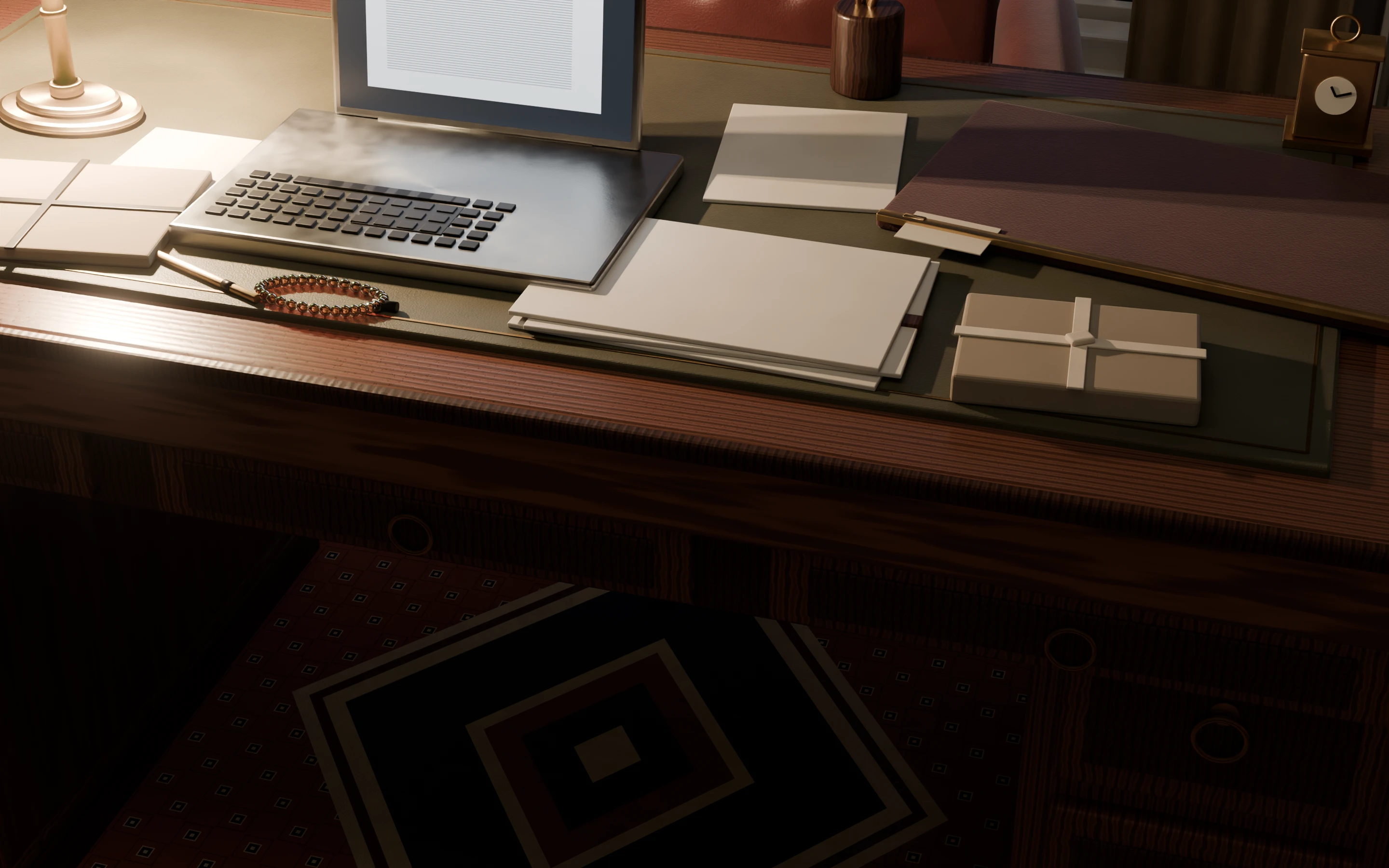 A neat correspondence stack on the desk.