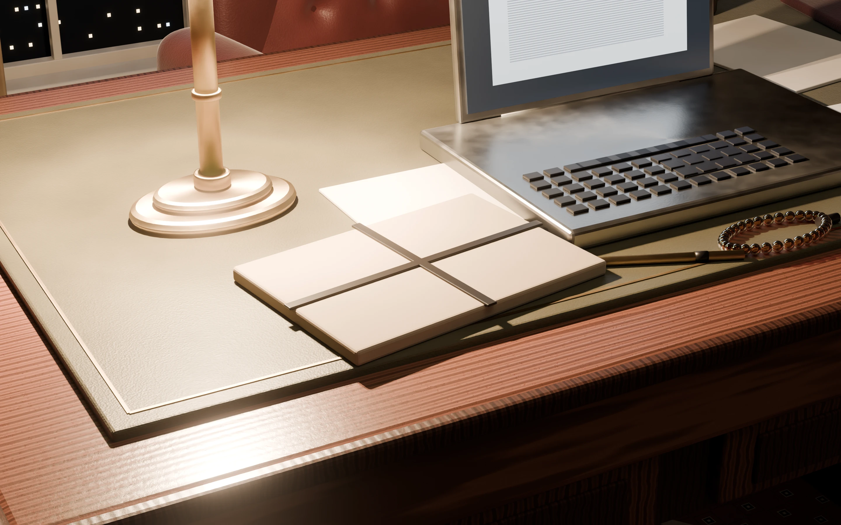 A private file closed on the desk, beside the brass pen.