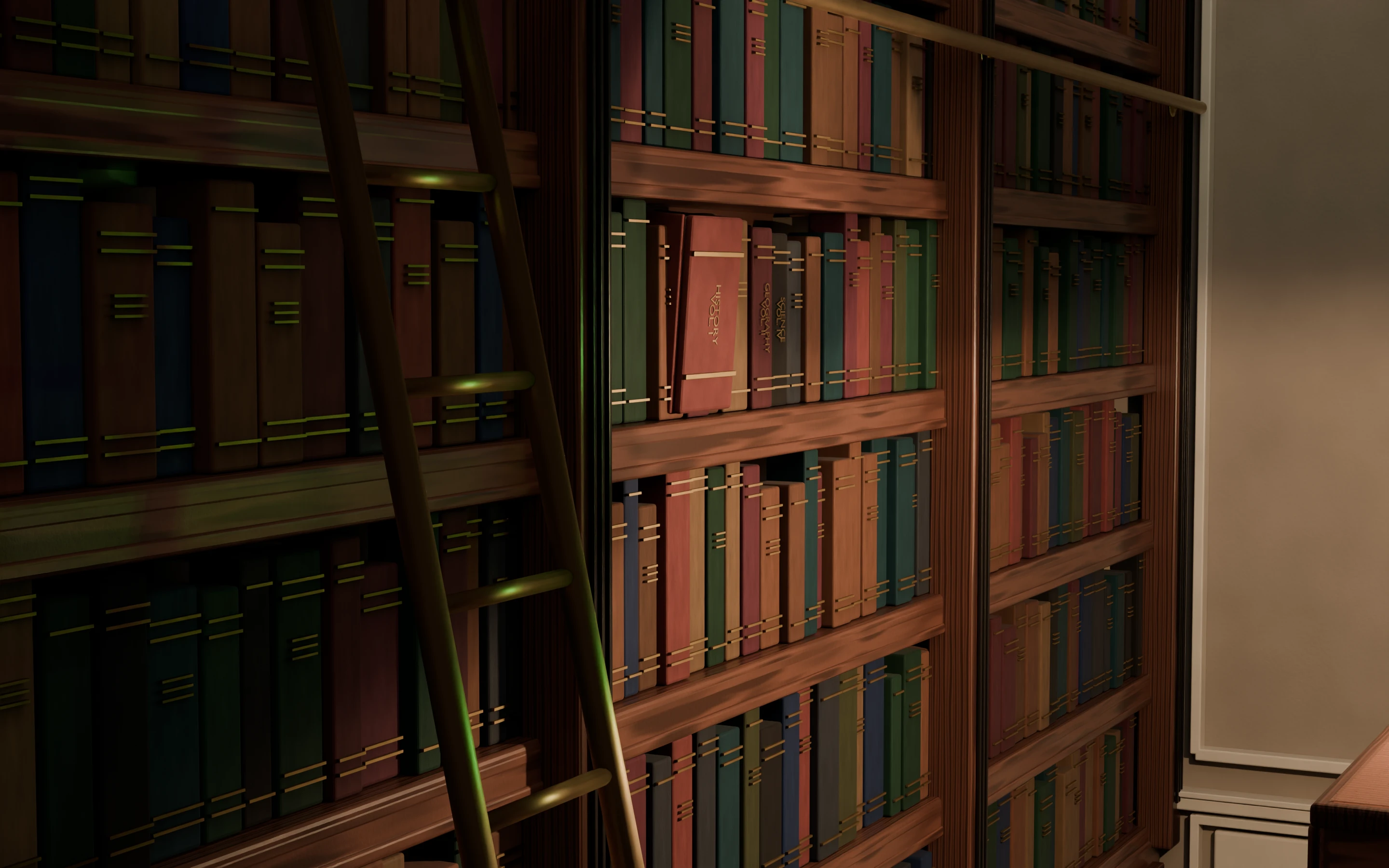 A pulled research volume in the left library.