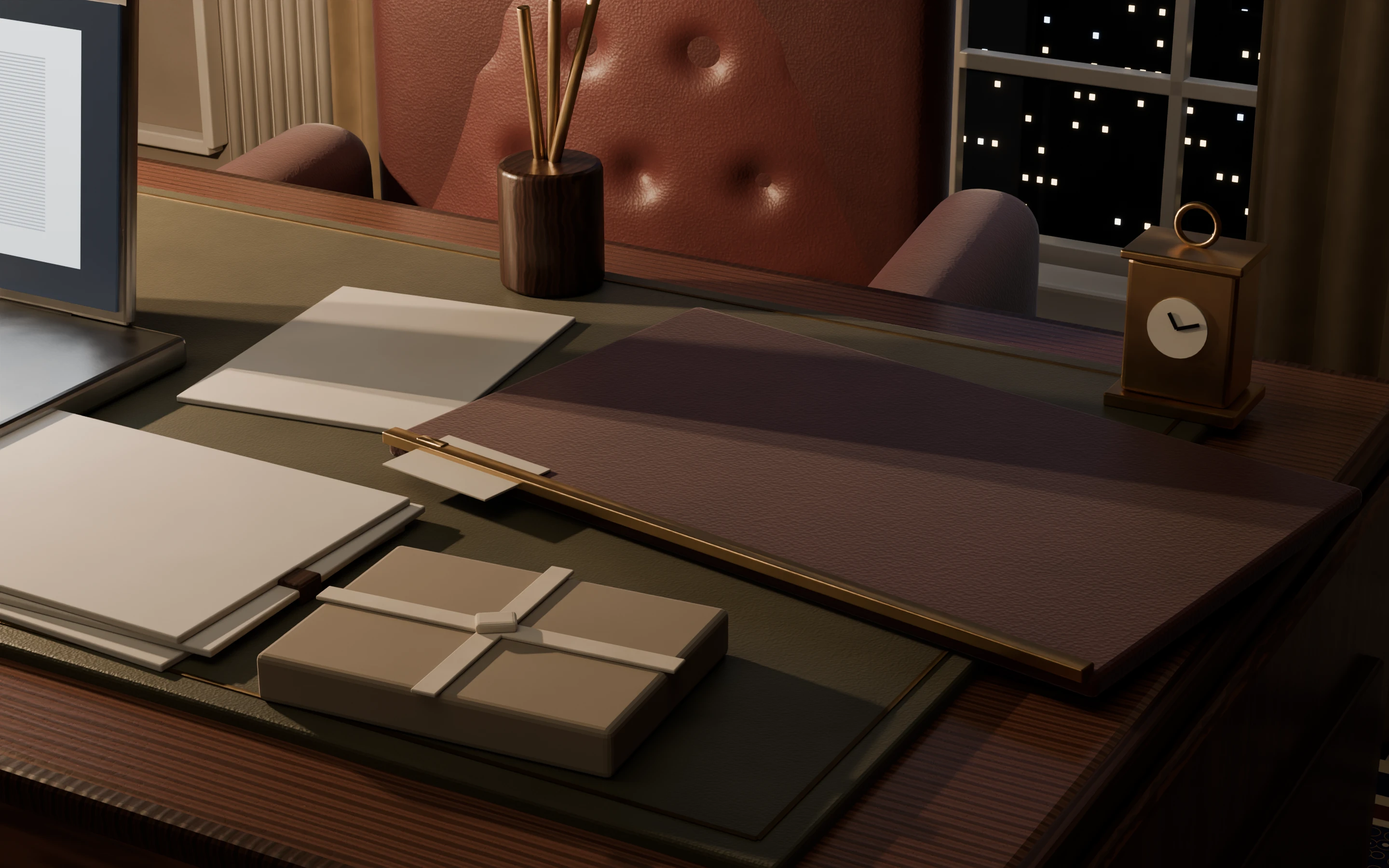 A closed folio and scope sheet at the edge of the desk.